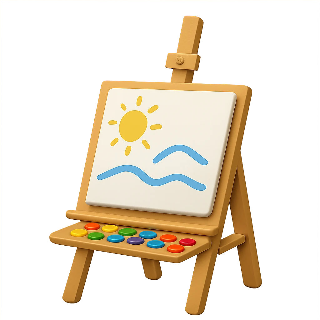 Remove the hand from the easel with canvas and paintbrush, keep the board and drawing, in emoji style, with no background. emoji