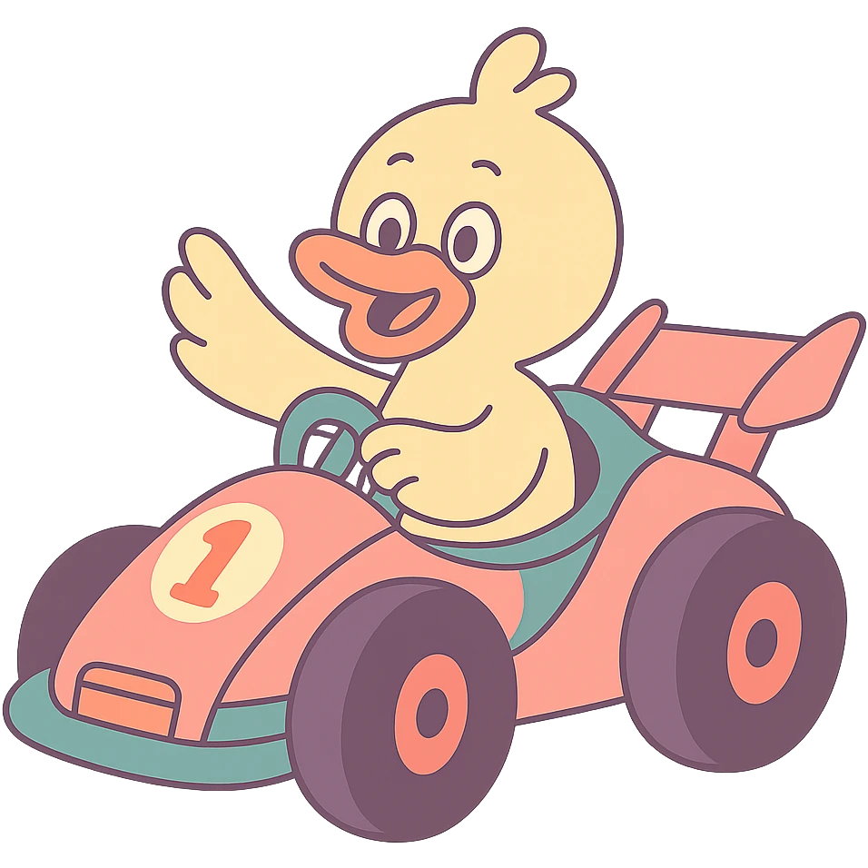 cartoon duck driving a race car in pastel toon style emoji