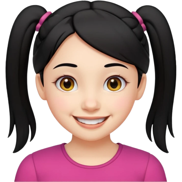 cheerful girl with black hair in two small side pigtails, round eyes, big smile, head and upper shoulders, clean lines, minimal white background, vibrant and simple emoji style emoji