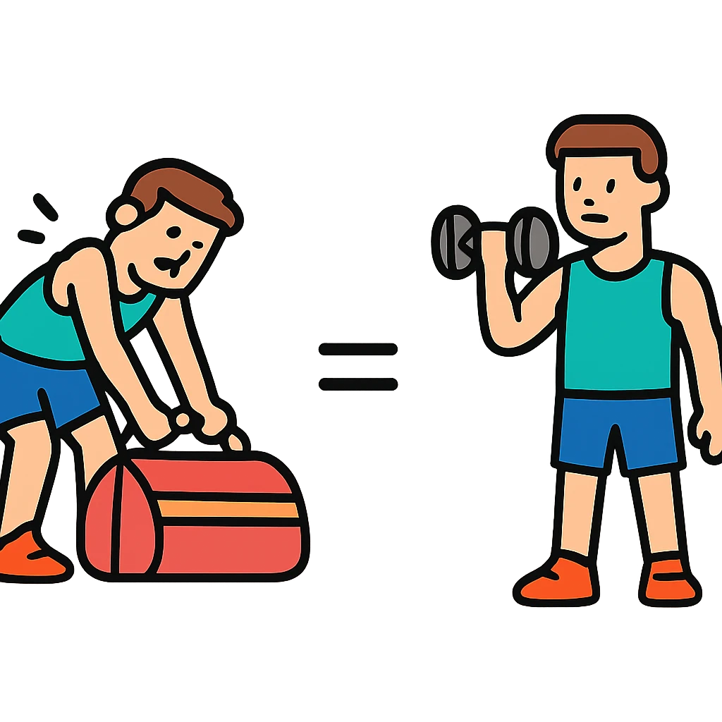 The picture is devided into two parts  the firts picture shows asportsman is struggling to lift a gymbag, the second one show the same sportsman doing a workout. There's sybmol equal between these pictures emoji