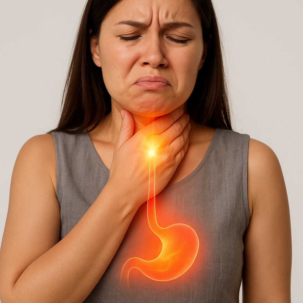 Realistic medical style image of a woman identical to the reference photo, hand on throat, expression of burning sensation, with a glowing or shining effect rising from the stomach to the esophagus. emoji
