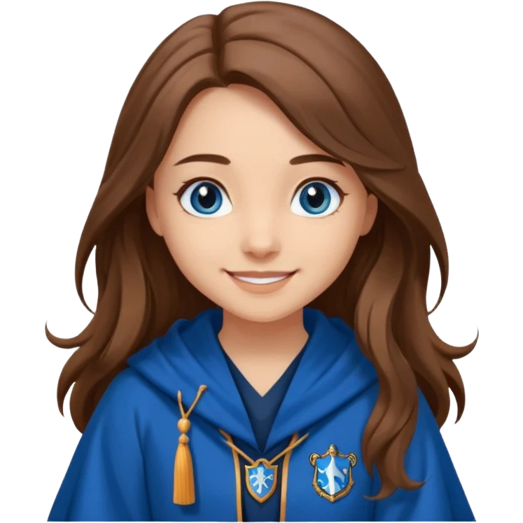 gorgeous Girl with light skin, blue eyes, long brown hair, wears a ravenclaw robes  emoji