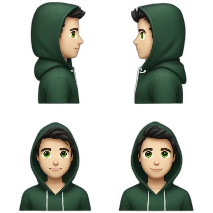 profile white male heart face dirty black tapered hair with dark green eyes and hoodie emoji