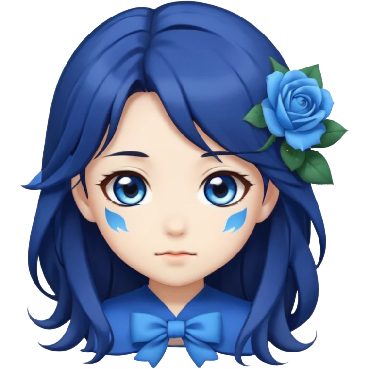cute anime girl emoji, long dark hair, blue rose hair accessory, big blue anime eyes, chibi anime style emoji