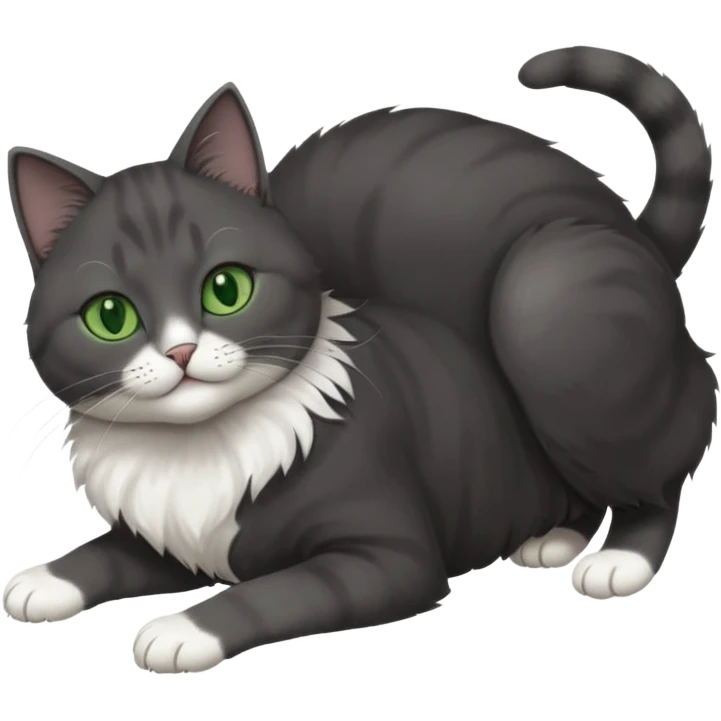 beautiful female solid dark grey cat with green eyes, white toes/paws and white patch on her chest rolling upside down emoji