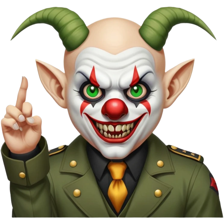 evil clown, bald, short goat horns on forehead, fangs, pointed ears, black and military green leisure suit, battle-ready fighting posture emoji