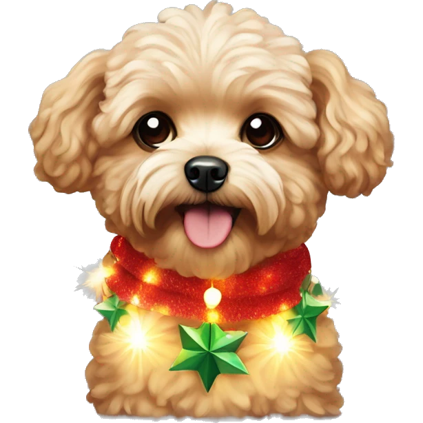 Red maltipoo with Christmas lights decorated around its neck emoji
