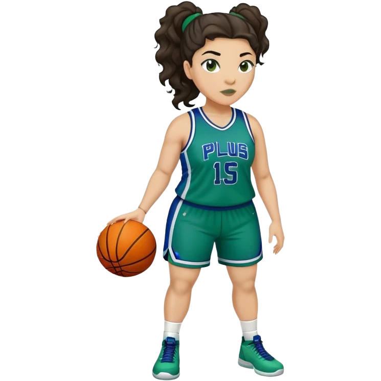 full body plus size light skin latino women basketball player with wavy dark hair in pony tail wide nose wearing blue green  uniform emoji