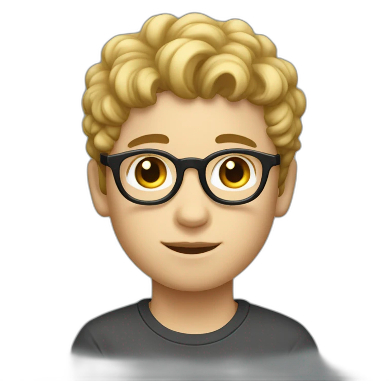 a fair-skinned boy with short-cut sides and a curly top with white glasses and a black cat iOS emoji emoji
