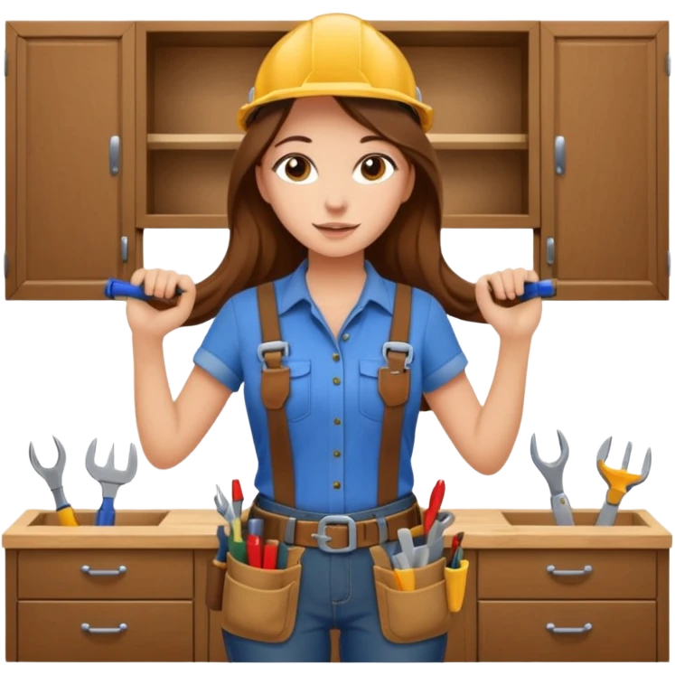beautiful girl with long brown hair constructing new kitchen cabinets emoji