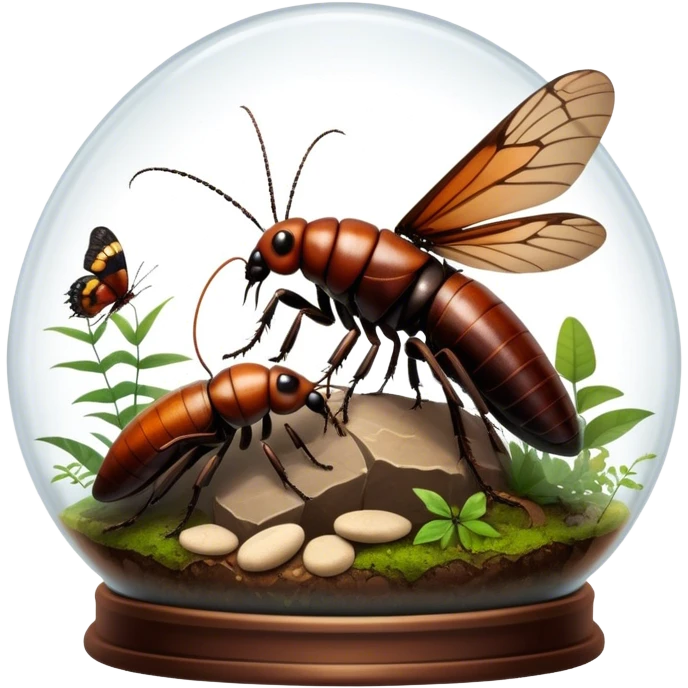 Close-up of giant Madagascar hissing cockroaches, butterflies, and stick insects inside a terrarium, with detailed textures of their bodies, wings, and legs. Soft lighting highlights their features. Transparent background. emoji