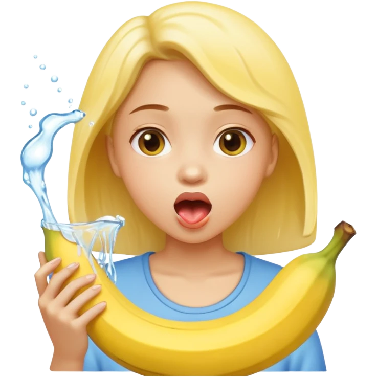 a girl rinsing mouth with pale yellow water coming out from a banana emoji