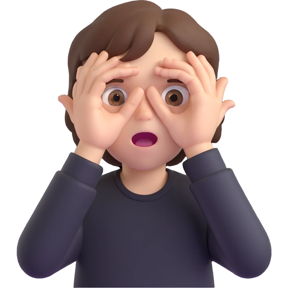 front emoji of a white boy with brown hair, wide open eyes, wide open mouth, hands covering his eyes, wearing a black shirt emoji