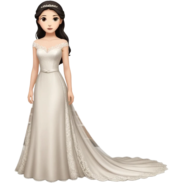 Chica blanca ,ojos marrones, vesti novia sexy largo, escote barco cuerpo entero ,pelo muy largo moreno y recogido emoji