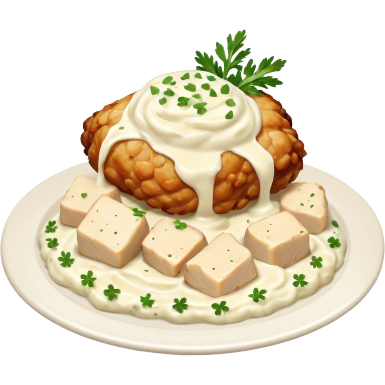 chicken chunks with alfredo sauce and mashed potatoes on the side emoji