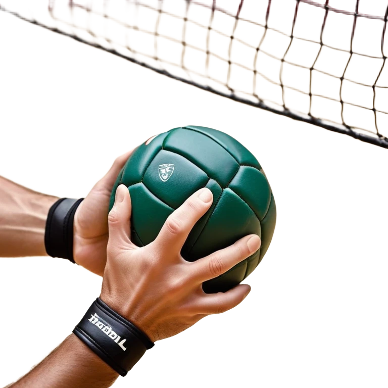 A close-up of a hand gripping a handball, with the handball gates visible in the background. The focus is on the texture of the ball and the strength of the grip, with the goal net slightly blurred to emphasize the anticipation of the throw. emoji