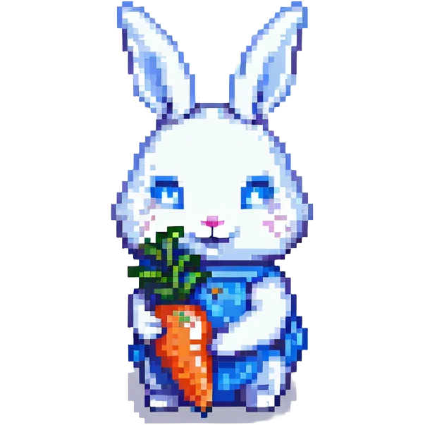 white rabbit holding a blue carrot, pixel art style emoji