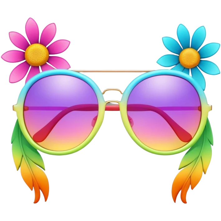 3D, psychedelic colored sunglasses with hippie style flowers emoji