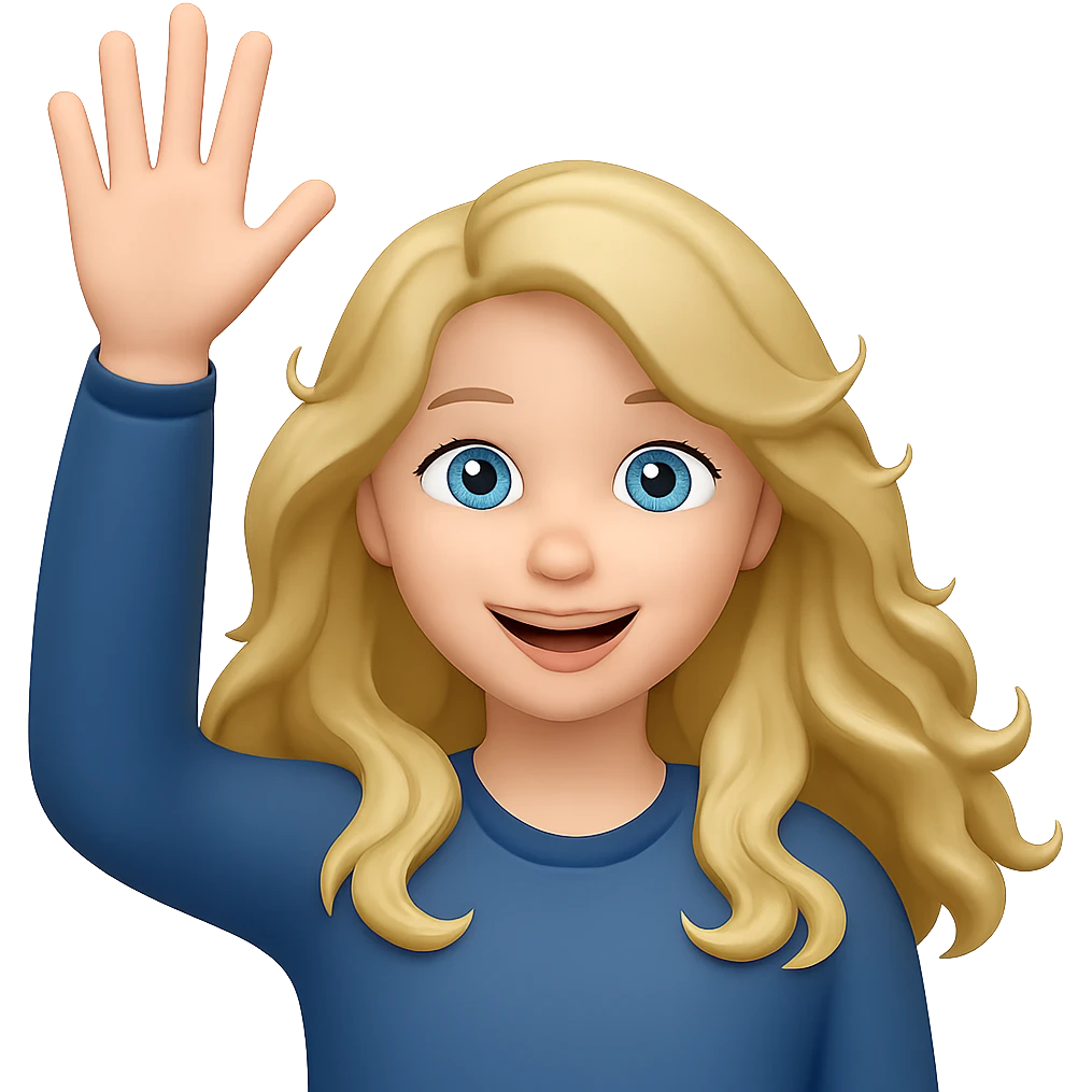 Make her eyes blue, keep her as an 18 year old girl with long, wavy, dirty blonde hair waving, emoji style, cheerful expression, with no background emoji