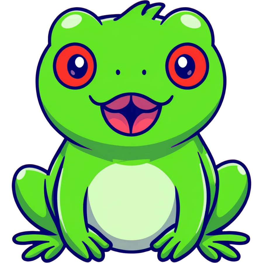 Exaggerated cartoony green frog with big bulging cross-eyes and long tongue sticking out, comic-style with silly expression emoji