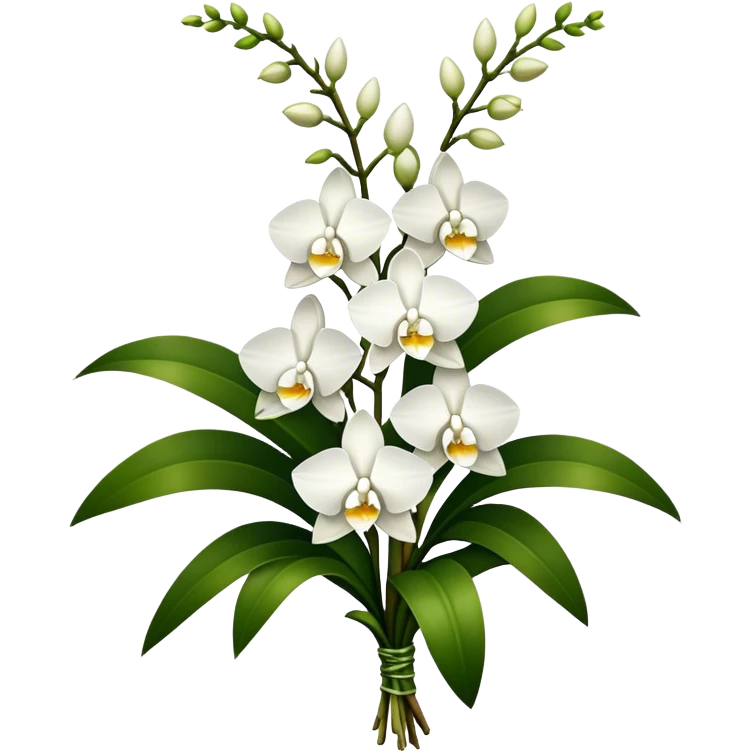 big bouquet white Dendrobium Orchid, stem, leaf emoji