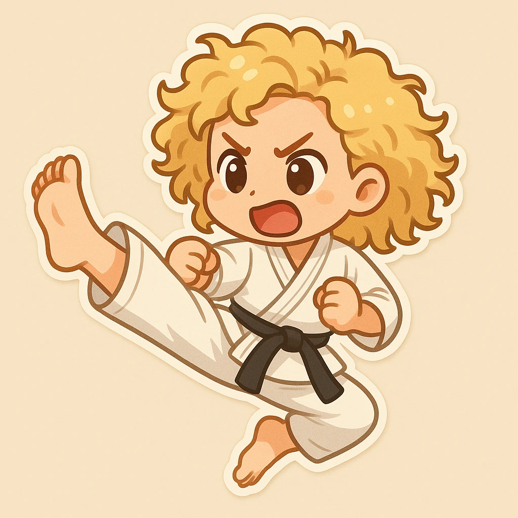 Full length shot of a blonde curly haired woman doing a karate kick, cartoon emoji style with a simple background, in chibi stickers style. emoji