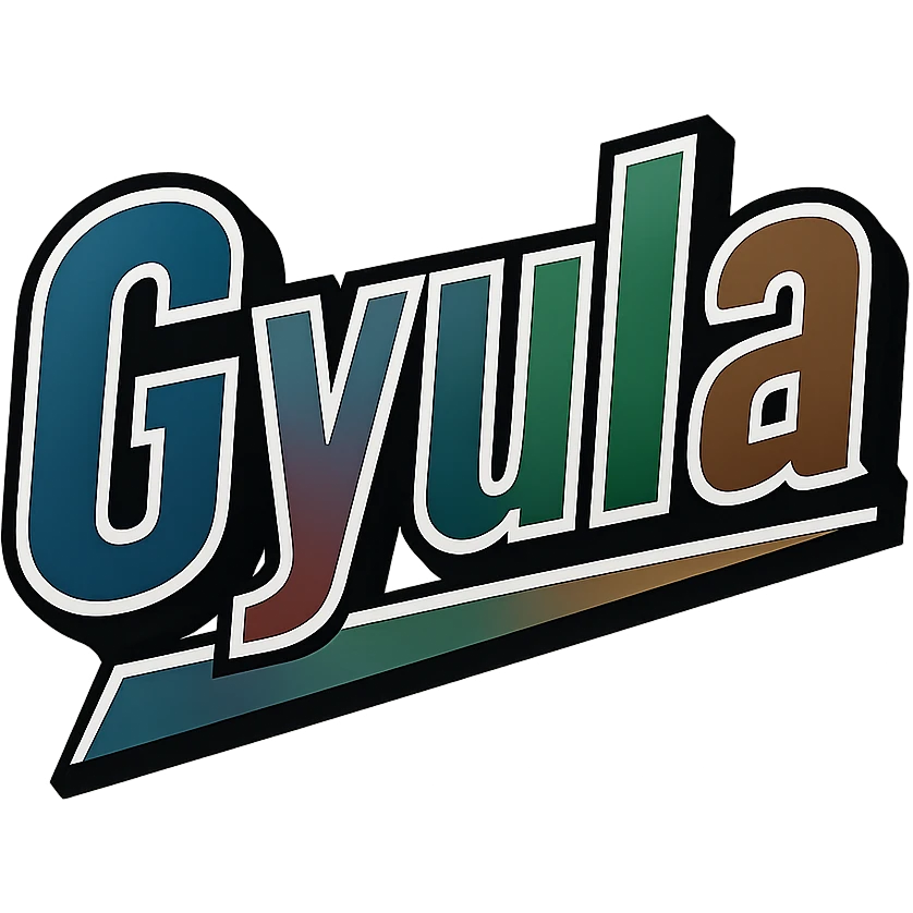Gyula name in masculine, modern, gradient font with precise Hungarian characters, dark contour, prominent visible white border, dynamic slanted underline, masculine color shades including blue, gray, burgundy, green, brown, 1000x1000 px, PNG, transparent background emoji
