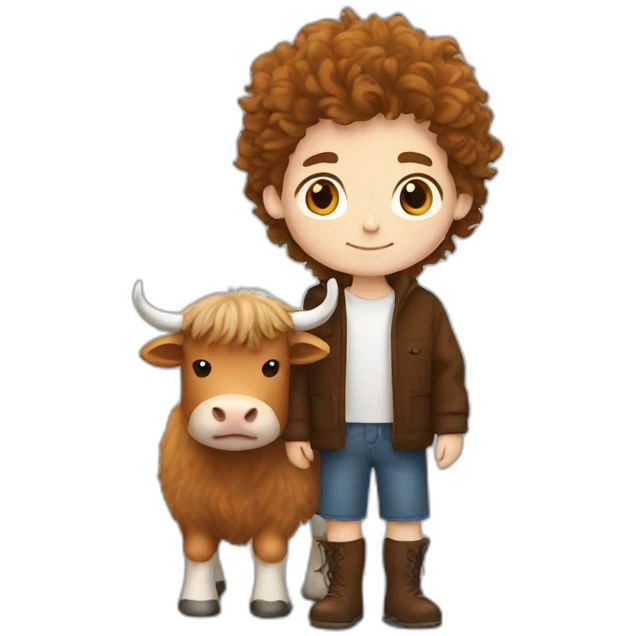 White brunette boy with fluffy highland cow emoji