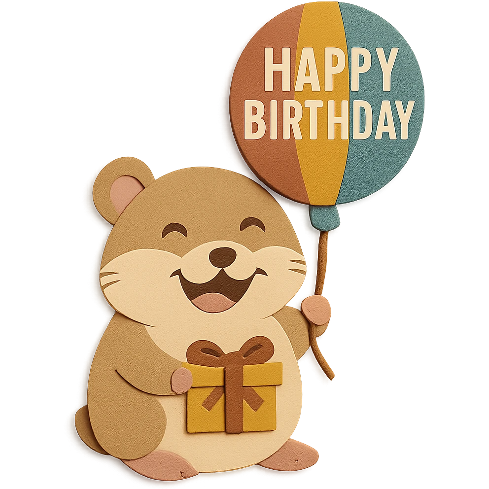 Add a ribbon to the gift box the hamster is holding, keep the happy expression and colorful balloon with 'Happy Birthday' text emoji