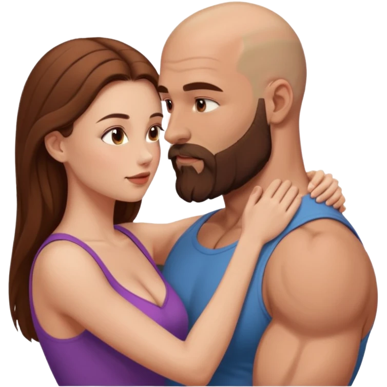 intimate moment between lovers muscular bald man brown beard, beautiful long hair woman emoji