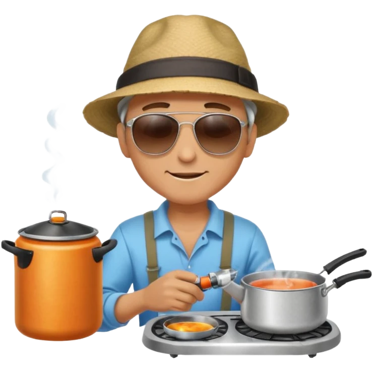 A man camper boiling water on a portable stove, enjoying the outdoor breeze.
 emoji