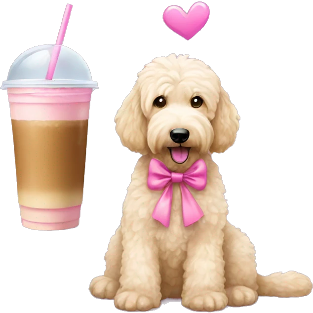 golden doodle with pink bow sipping iced coffee  emoji