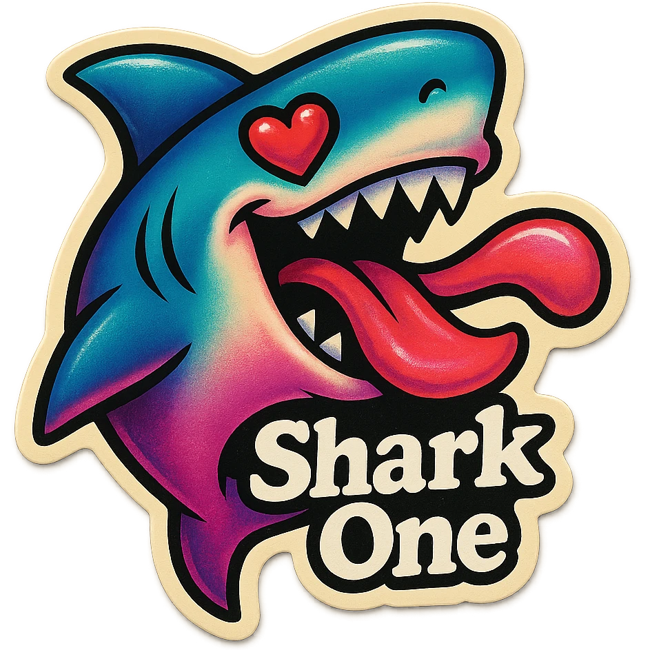 mouth open with tongue out
heart shaped eye
add the words “ Shark One " in White emoji