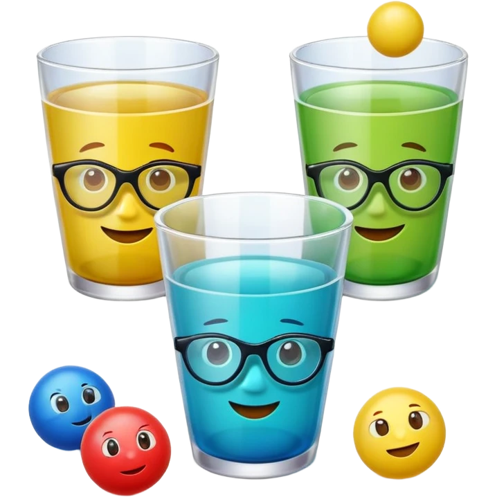 Cute 3D cartoon emoji sticker of a plastic glass-and-ball game with three glossy plastic glasses (blue, green, red) and a yellow ball. Soft lighting, smooth shadows, playful look, white sticker outline, transparent background, high resolution.” emoji