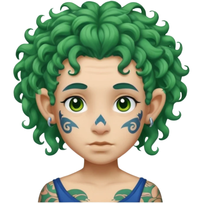 green curly  haired heavy blue tattooed big head accessory big nose mid size ear young emoji