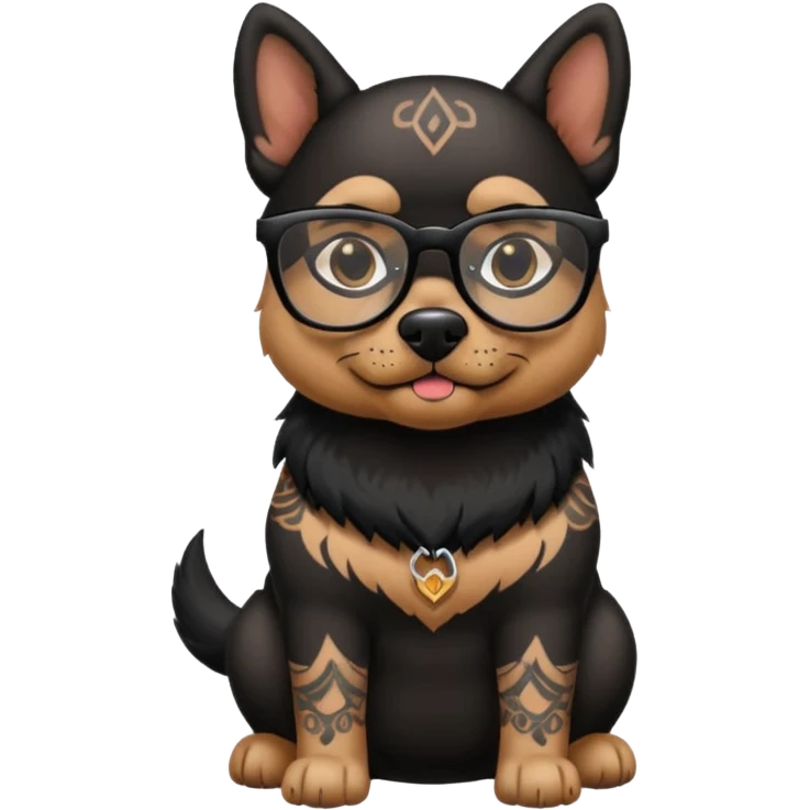 tattooed dog with heavy face tattooes and glassess, black emoji