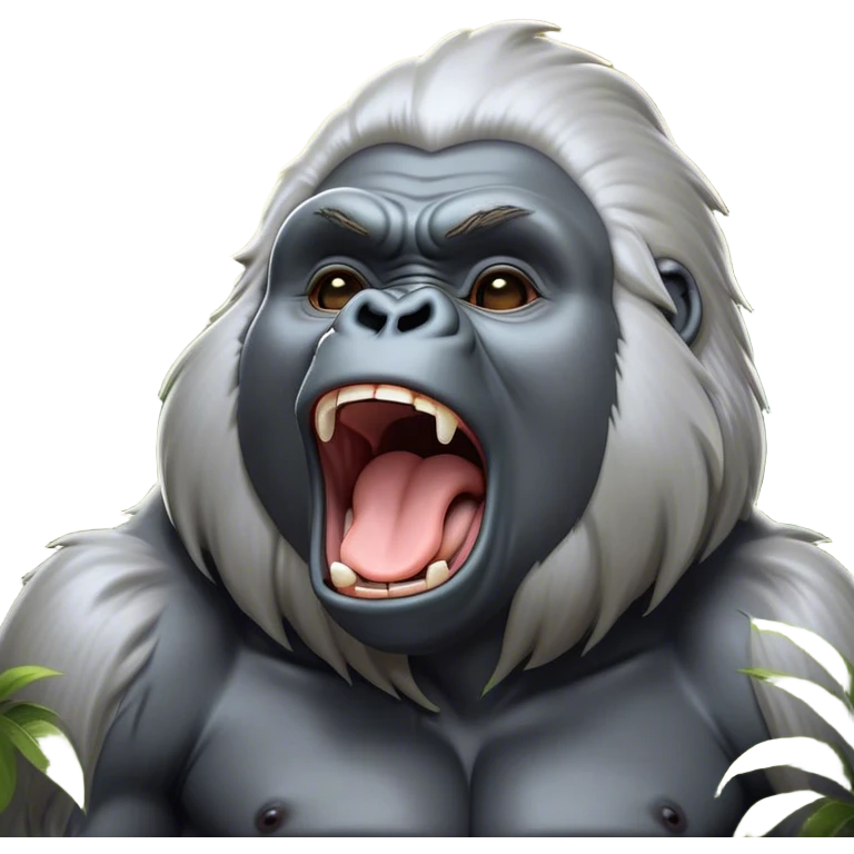 Cinematic Cute Yawning Silverback Gorilla Portrait Emoji, Head tilted slightly with a dramatic, wide-open yawn, showcasing a formidable build with a silvery mane and drowsy, half-closed eyes, Simplified yet irresistibly adorable features, highly detailed, glowing with a soft, cozy jungle glow, high shine, relaxed yet expressive, stylized with a dash of whimsical primate charm, soft glowing outline, capturing the essence of a drowsy yet affectionate guardian that appears ready to stretch out for a nap! emoji