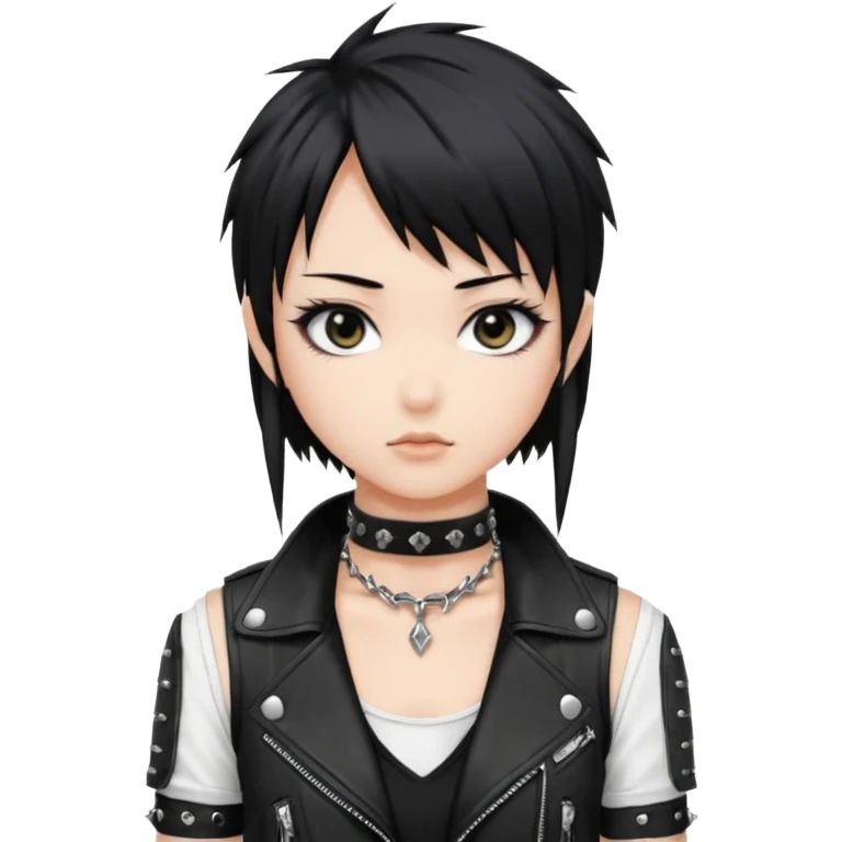 A asian girl with Black eyes and black straight hair with a bob with a black spiked chocker with white tank top with a black leather jacket on in anime style emoji