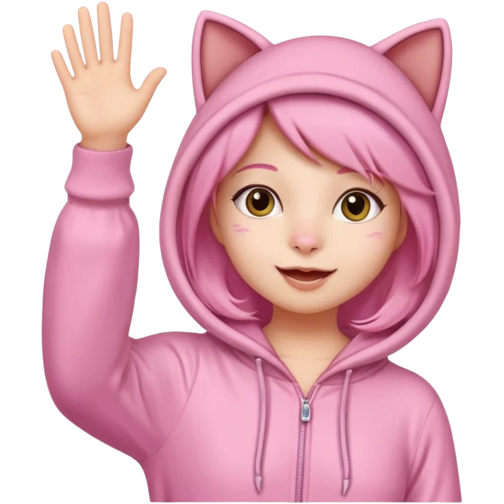 Girl in pink cat onesie waving happily emoji