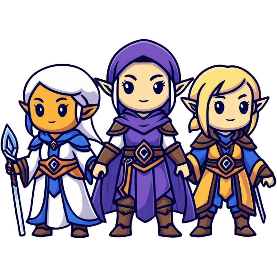 Lineage 2 female characters with Human mystic, Elven ranger, female Dwarf artisan, and Dark Elf sorceress emoji