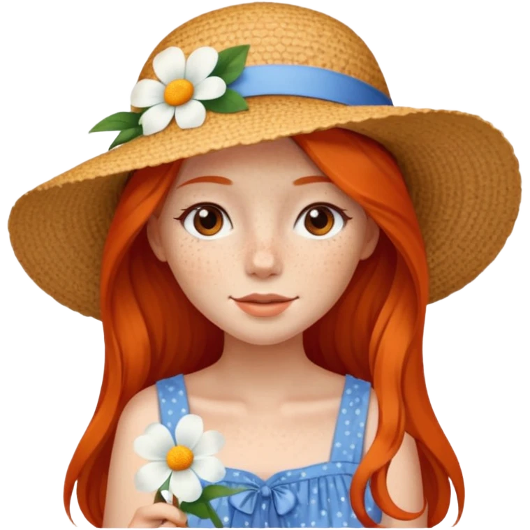 girl, freckles, wearing_summer_hat, white flower on hat, red orrange long hair, blue dress emoji