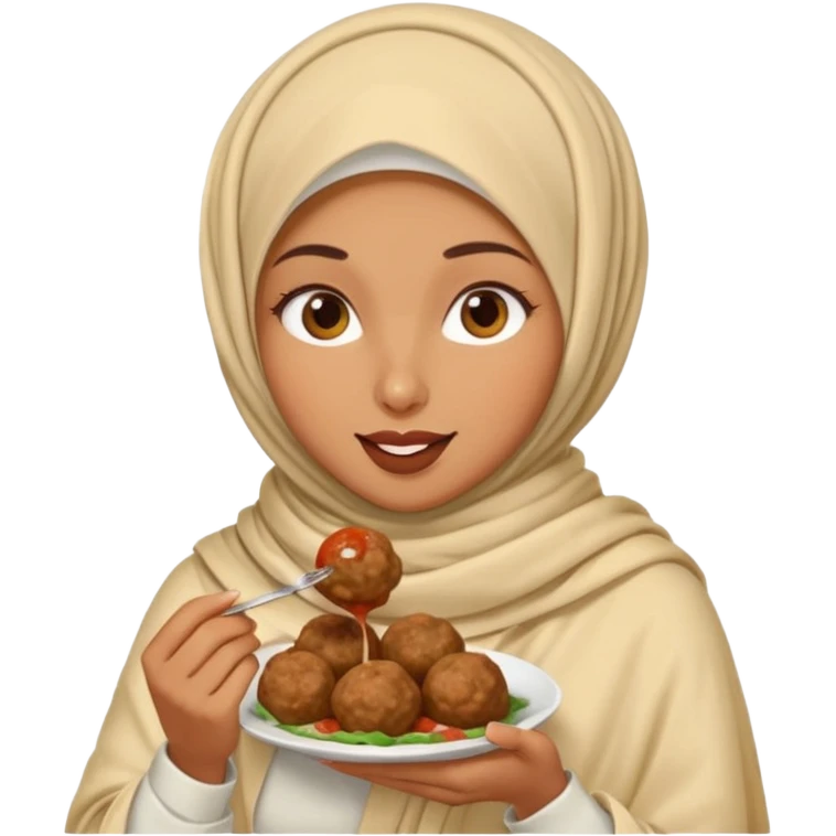 woman wearing a cream colored pashmina hijab eating meatballs emoji