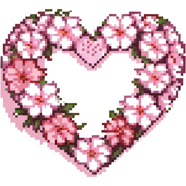 pink heart with sakura flowers, pixel art style emoji