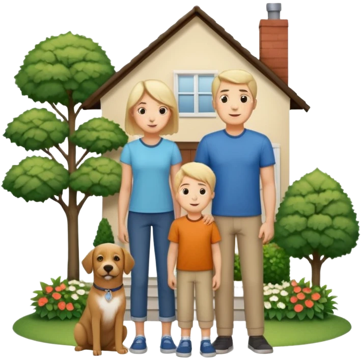 1 Father 1 Mother and 1 young BOY who is half as tall as the parents, standing in front of their house with a dog next to them. Everyone should look VERY happy. There MUST be a house behind them with trees and plants emoji