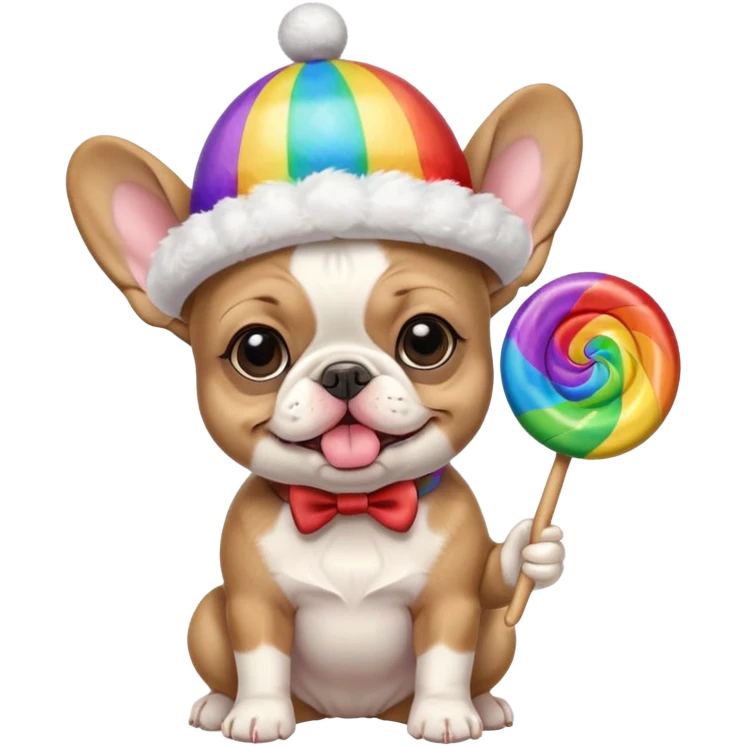 baby french bulldog wearing a propeller hat and holding a comically large rainbow lollipop  emoji