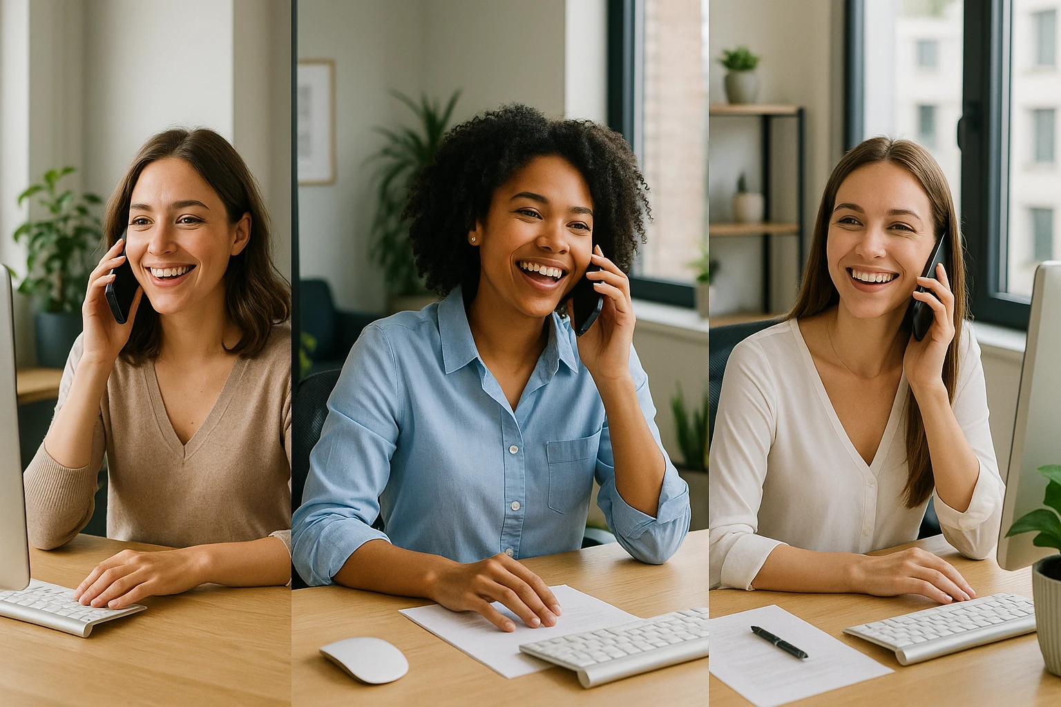 Three girls, each at their own desk in separate offices, talking on the phone to one another, visible office elements like computers and windows, relaxed lunch break atmosphere, modern office backgrounds, business casual attire, cheerful and connected vibe. emoji