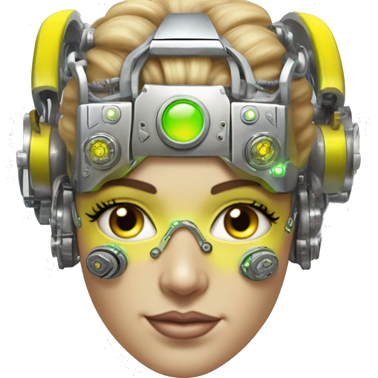 Caucasian female cyborg head with Neon yellow bobbed hair, silver steampunk goggles and circuits emoji