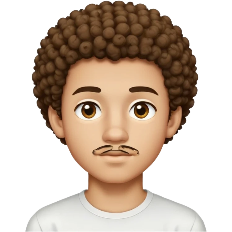 17 year old light-skinned boy with slightly brown smaller eyes, small mustache above lip, very curly hair like a small afro with cut sides, one single curl like an antenna falling on forehead, wearing a tight white shirt emoji