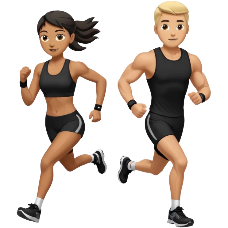 A muscled man and woman running a HYROX race in black fitness gear emoji