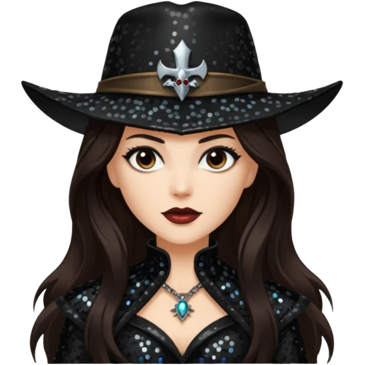 Van Helsing from Dracula with long dark brown hair, black sequin outfit emoji